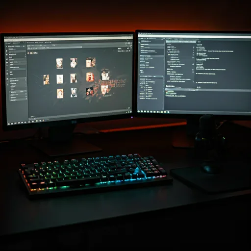Professional live streaming setup with dual monitors and a scrolling LED text overlay