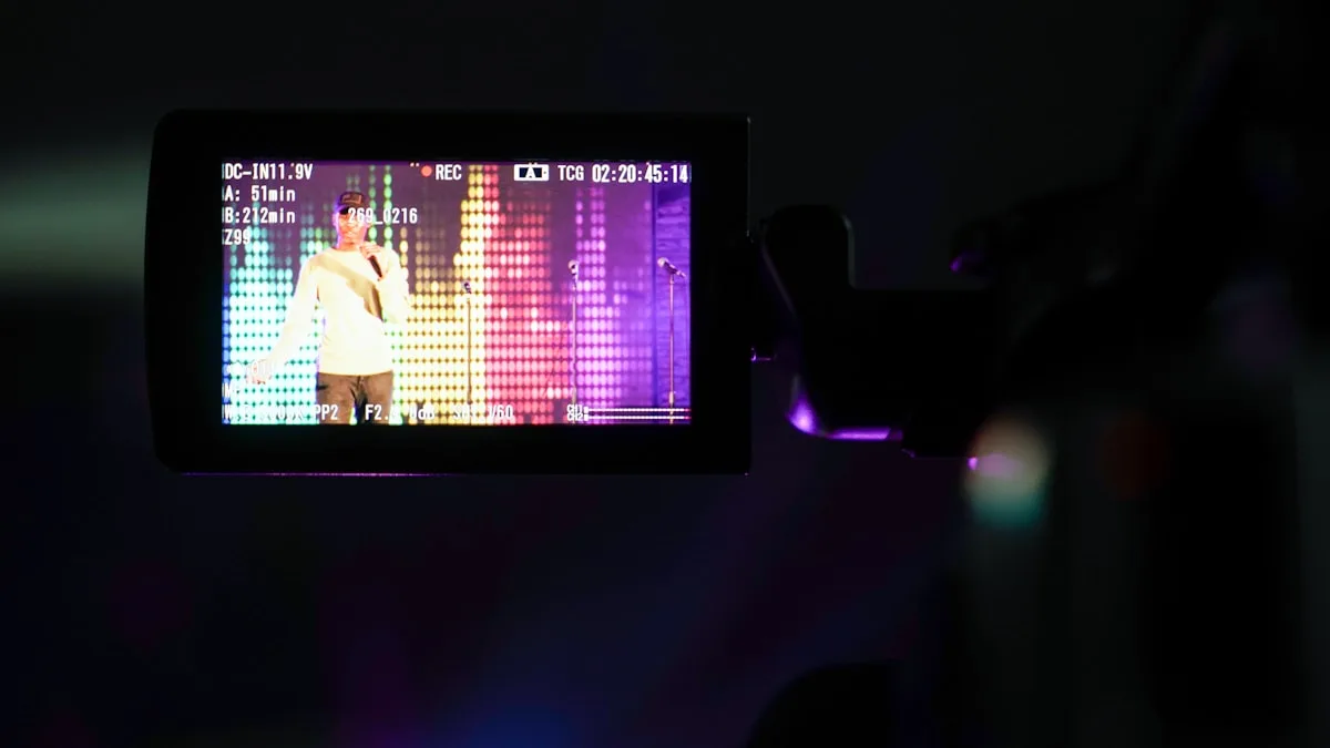 A content creator recording a YouTube video to a camera with a teleprompter script on screen