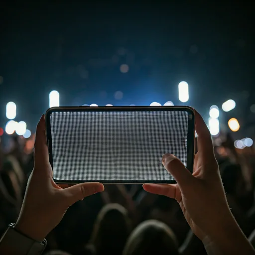 Fans at a concert holding up bright LED scrolling banners on smartphones