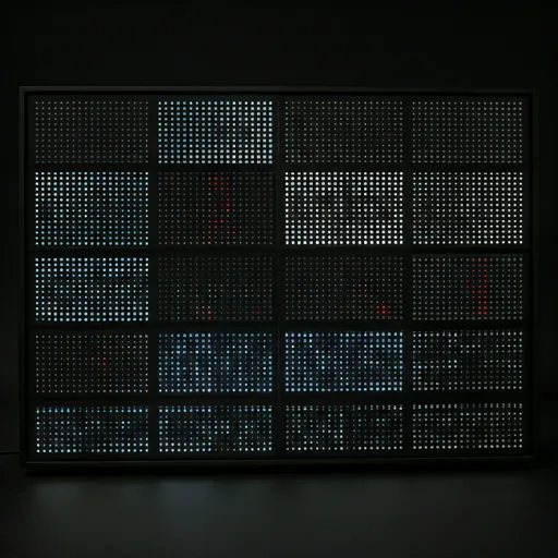 Technician inspecting and repairing a large outdoor LED display board with specialized tools