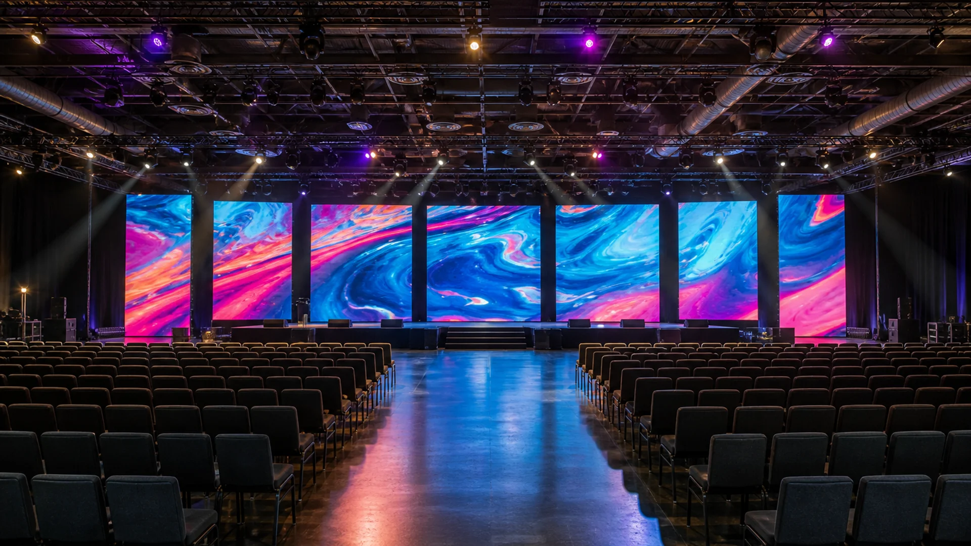 Event venue with a bright digital LED ticker display above a stage
