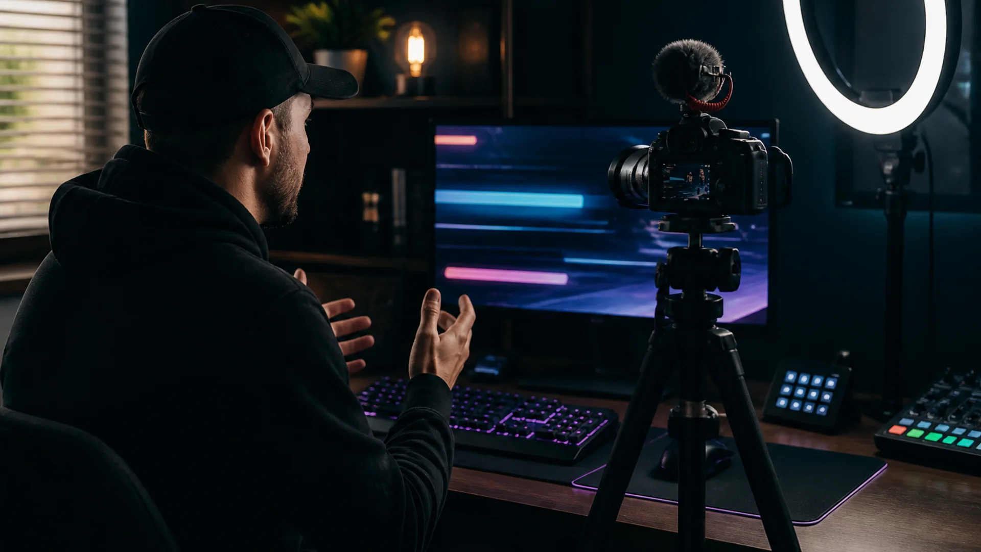 Creator livestream setup with a scrolling LED-style ticker overlay on screen